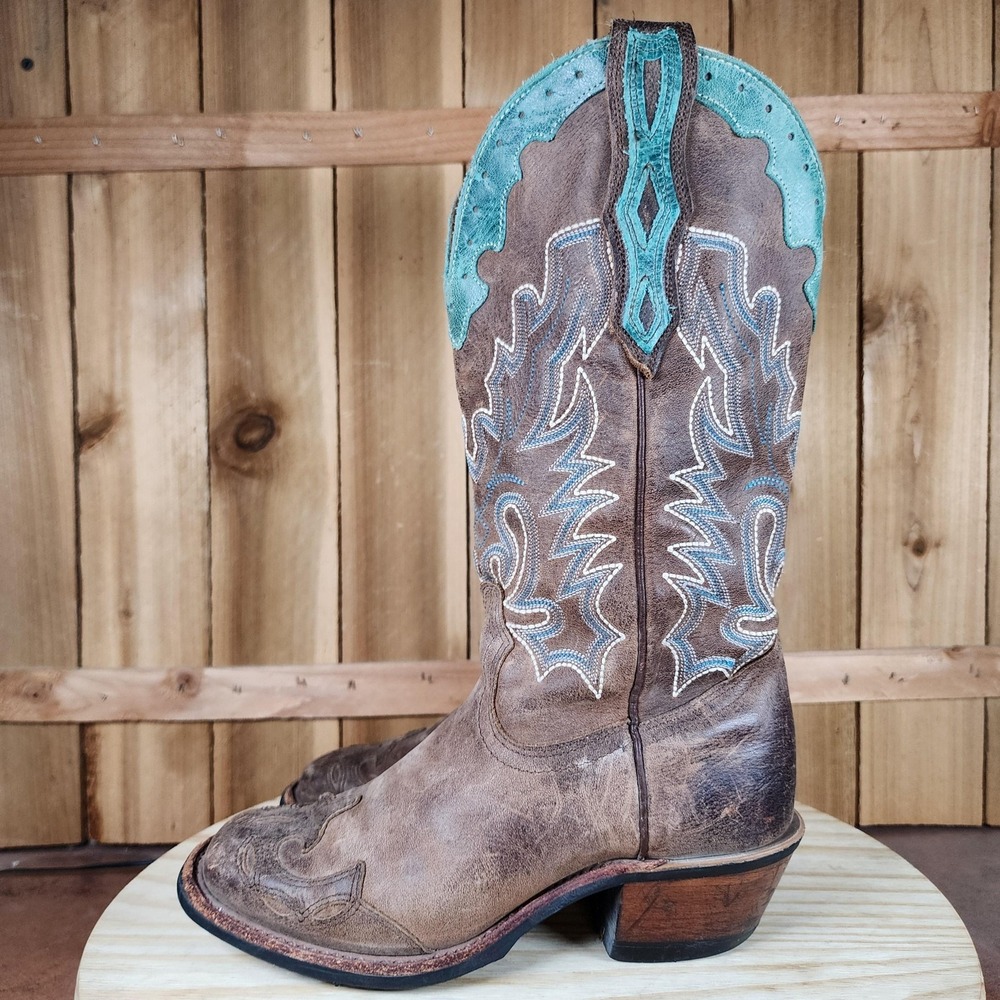 Boulet Western Boots Womens Size 6 C Brown‎ Leather Square Toe Turquoise Shaft